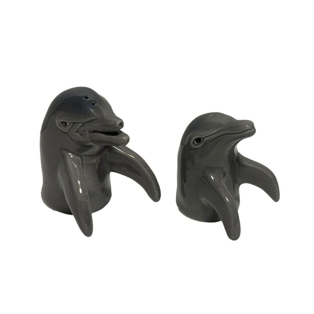 Vintage Mother & Baby Dolphin Salt and Pepper Shaker Set Gray Nautical Ceramic